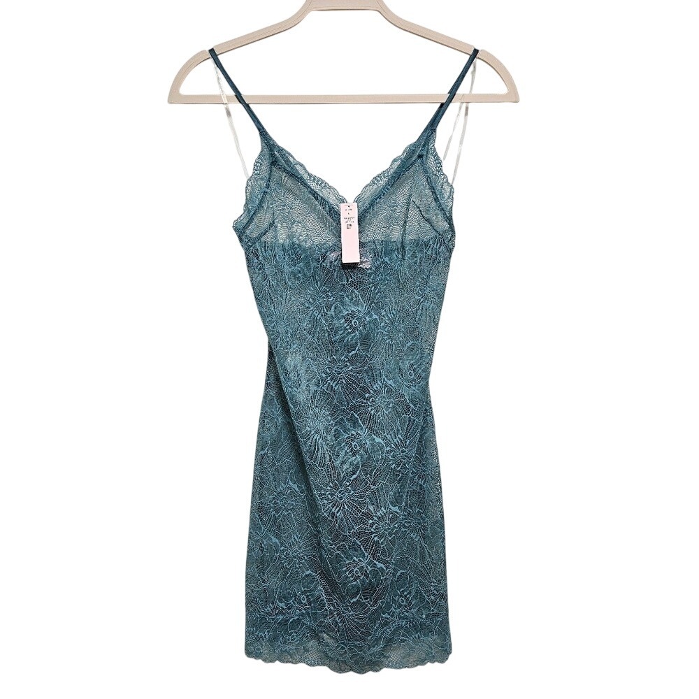 Victoria's Secret NWT Womens Sheer Lace Slip Dress Coquette Fairy Sexy Teal M